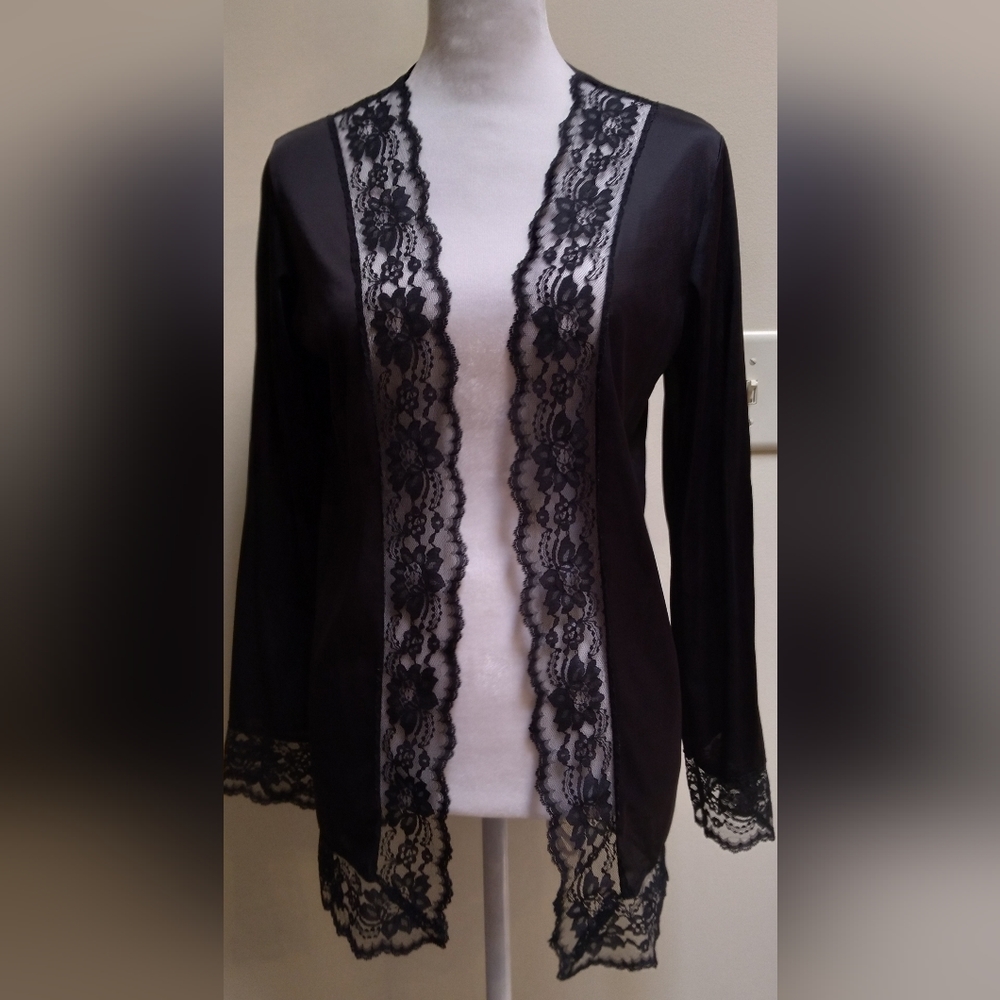 Sexy Vintage Black Dressing Jacket Lace trim Boudoir Lingerie Robe Kimono